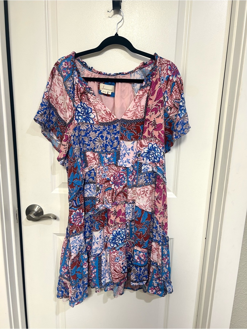 Anthropologie Patchwork Floral Dress in Blue and Pink